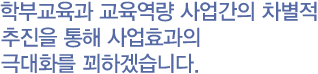 학부교육과 교육역량 사업간의 차별적 추진을 통해 사업효과의 극대화를 꾀하겠습니다.